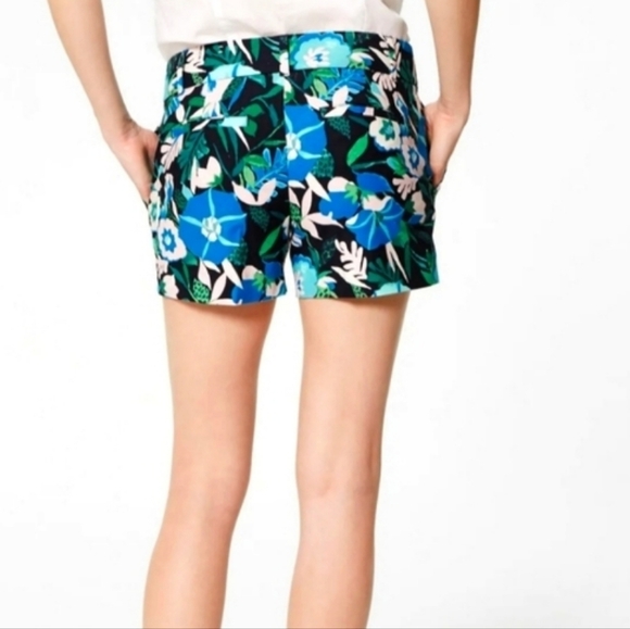 LOFT Riviera Navy Blue Floral Tropical Print Tailored Cotton Blend Summer Shorts - Picture 2 of 15